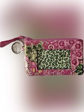 VERA BRADLEY RETIRED PINK GREEN PAISLEY FLORAL LEOPARD ZIP COIN WALLET WRISTLET